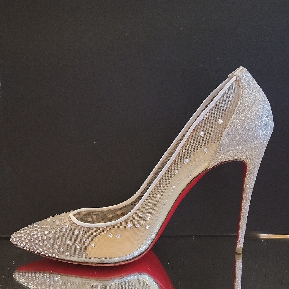 Christian Louboutin Follies Crystal Embellished Silver Pumps 100 Heel Sz38.5 - Picture 5 of 16